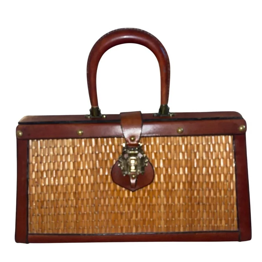 Etienne Aigner Vintage Womens Hand Bag Brown Leather Woven Rattan Satchel Purse